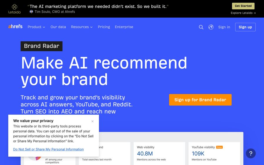 Ahrefs Brand Radar homepage, August 2026