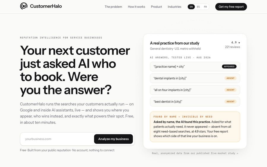 CustomerHalo homepage, August 2026