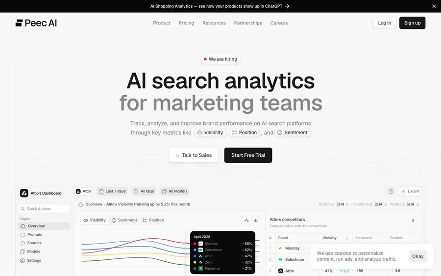 Peec AI homepage, August 2026